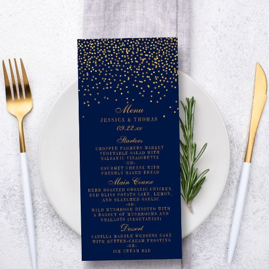 Hochzeitsmenü für Navy Blue & Glam Gold Confetti Menükarte