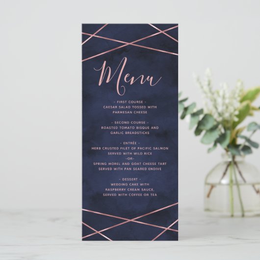 Hochzeitsmenü für Navy Blue & Rose Gold Geometric Menükarte (Stehend Vorderseite)