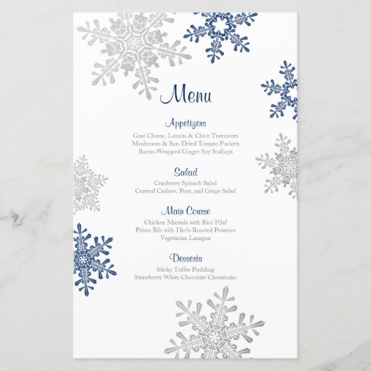 Hochzeitsmenü für Navy Blue Silver Snowflake (Vorderseite)