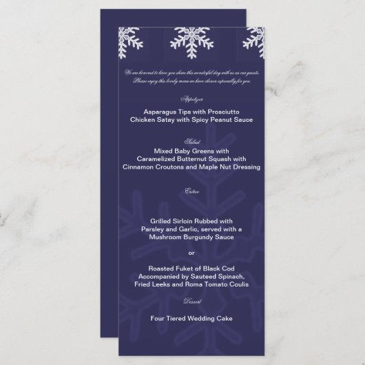 Hochzeitsmenü für Navy Blue Snowflake Menükarte (Vorne/Hinten)