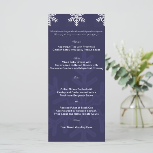 Hochzeitsmenü für Navy Blue Snowflake Menükarte (Stehend Vorderseite)