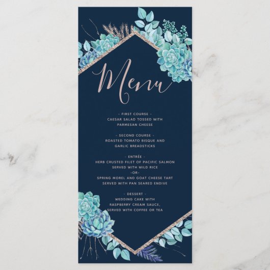 Hochzeitsmenü für Navy Blue Succules & Rose Gold Menükarte (Vorderseite)