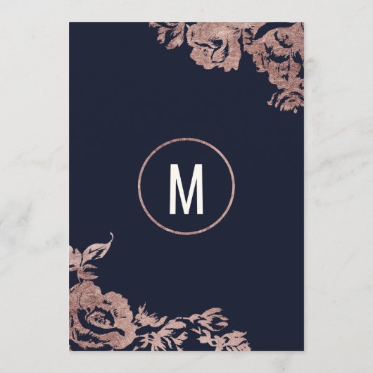Hochzeitsmenü für Navy Blue und Rose Gold Floral Menükarte (Rückseite)