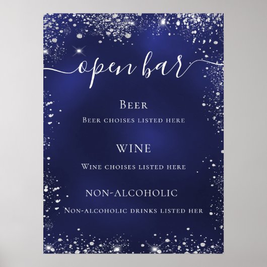 Hochzeitsmenü für Navy-Silber-Glitzer-Bar Poster (Vorne)