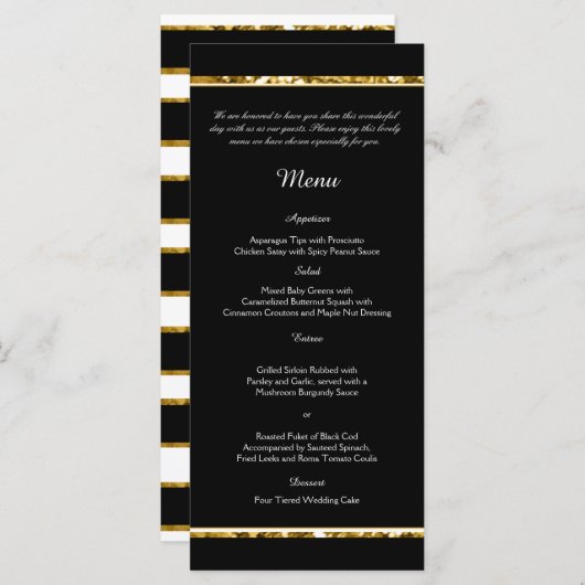 Hochzeitsmenü für Schwarz-weiße Glitzer und Gold Menükarte (Vorne/Hinten)