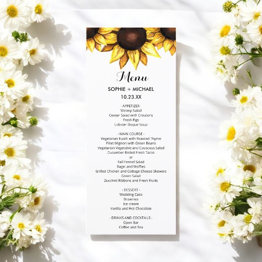 Hochzeitsmenü für Sonnenblumen Blumenkost Weiße Ge Menükarte