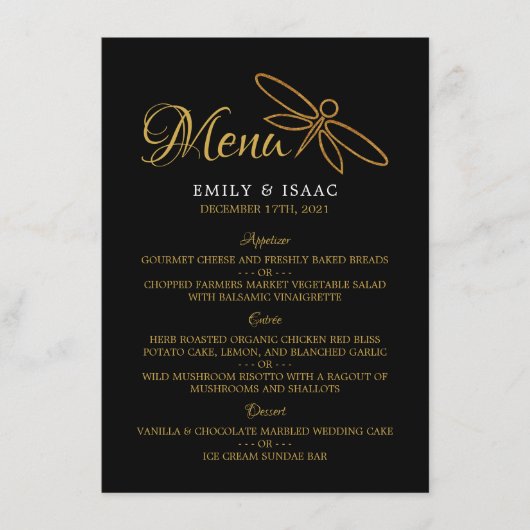 Hochzeitsmenü für Vintage Goldfräsen Menükarte (Vorderseite)
