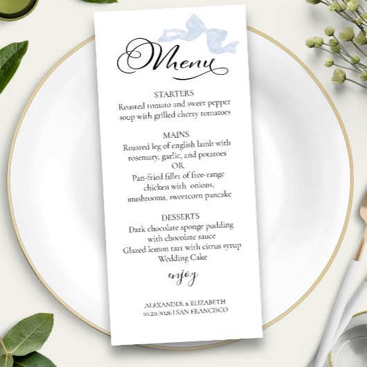 Hochzeitsmenü für Wasserfarben | Blue Bow Calligra