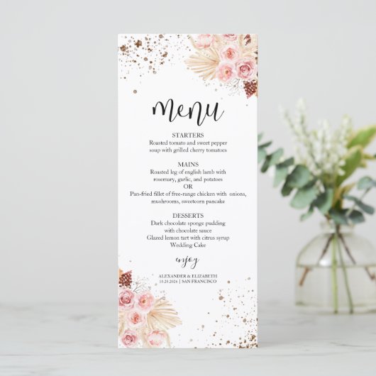 Hochzeitsmenü für Wasserfarben | Boho Floral Glitz Menükarte (Stehend Vorderseite)