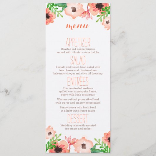 Hochzeitsmenü für Wasserfarben Menükarte (Vorderseite)