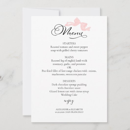 Hochzeitsmenü für Wasserfarben | Pink Bow Calligra Einladung (Vorderseite)
