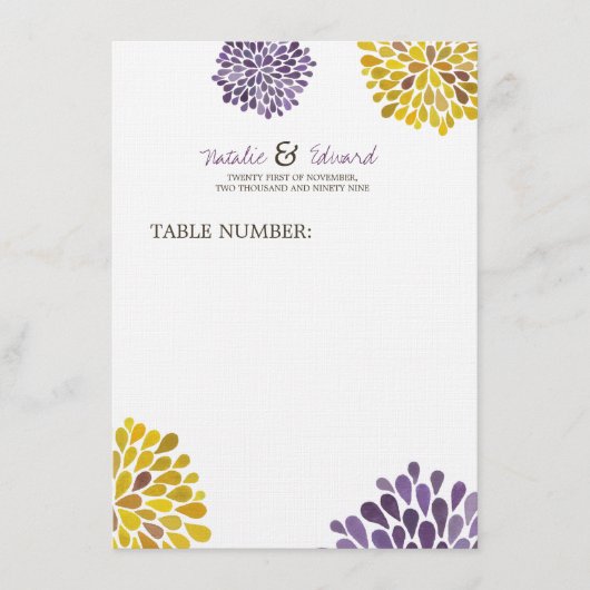 Hochzeitsmenü Lila und gelbe Dahlia-Blume Menükarte (Vorderseite)