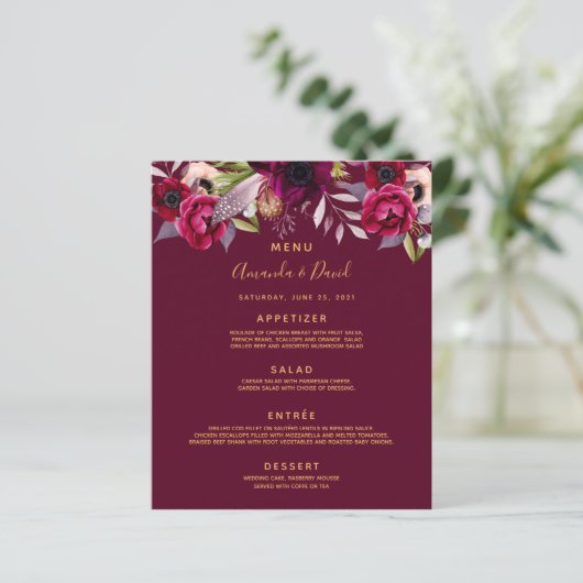 Hochzeitsmenü mit Aquarellblumen bordeauxrot (Stehend Vorderseite)