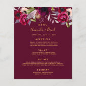 Hochzeitsmenü mit Aquarellblumen bordeauxrot (Vorderseite)