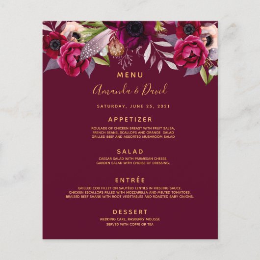 Hochzeitsmenü mit Aquarellblumen bordeauxrot (Vorderseite)