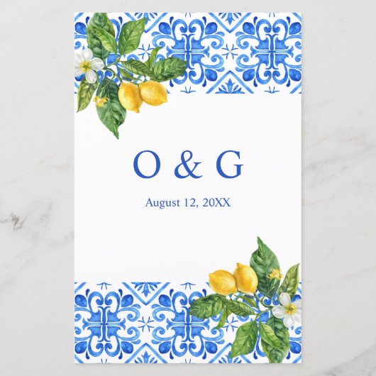 Hochzeitsmenü mit blauen Kacheln und Zitronen (Rückseite)