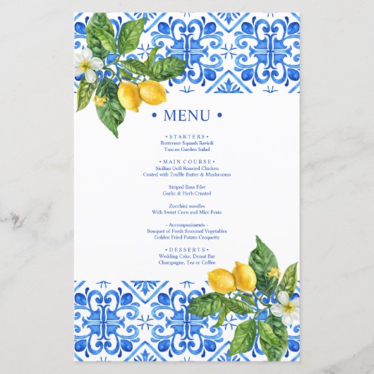 Hochzeitsmenü mit blauen Kacheln und Zitronen (Vorderseite)