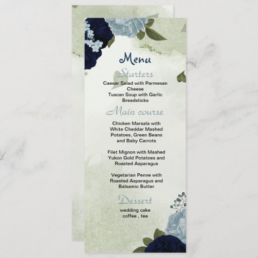 Hochzeitsmenü mit blauen und marineblauen Blumen Menükarte (Vorne/Hinten)