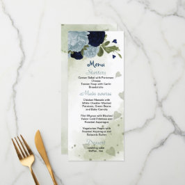 Hochzeitsmenü mit blauen und marineblauen Blumen Menükarte