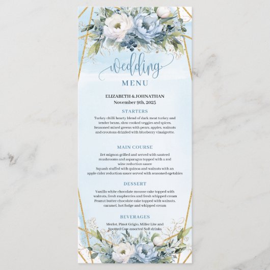 Hochzeitsmenü mit blauer Blüte Menükarte (Vorderseite)