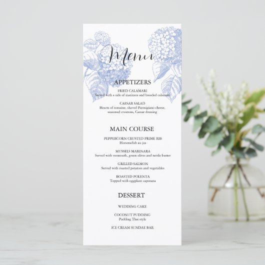 Hochzeitsmenü mit Blue Hydrangea Menükarte (Stehend Vorderseite)