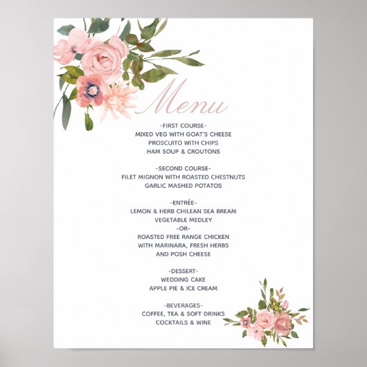 Hochzeitsmenü mit blühenden Wasserfarben Rosen Poster (Vorne)