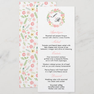 Hochzeitsmenü mit floralem Kranz und Monogramm Einladung