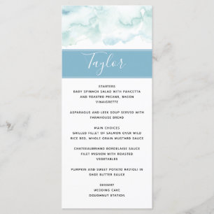 Hochzeitsmenü mit Gastname Dusty Blue Watercolor Menükarte