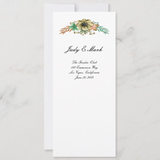 Hochzeitsmenü mit gelben und orangefarbenen Wasser Ankündigung (Rückseite)