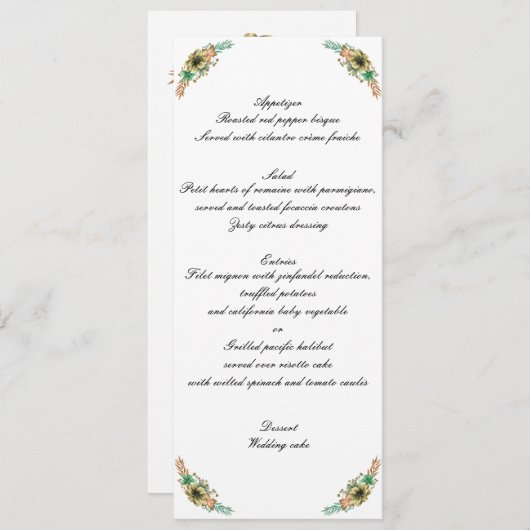 Hochzeitsmenü mit gelben und orangefarbenen Wasser Ankündigung (Vorne/Hinten)