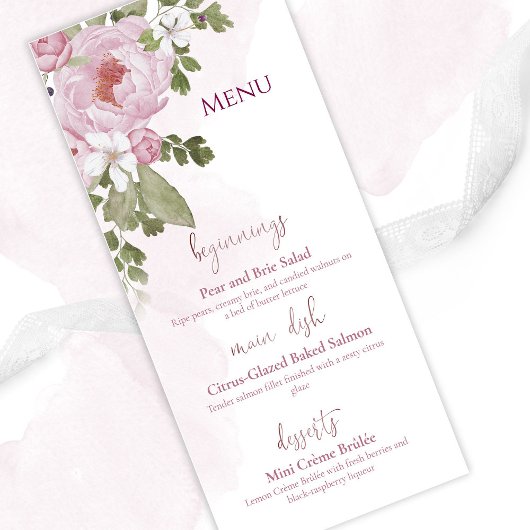 Hochzeitsmenü mit rosa Pfingstrosen Menükarte