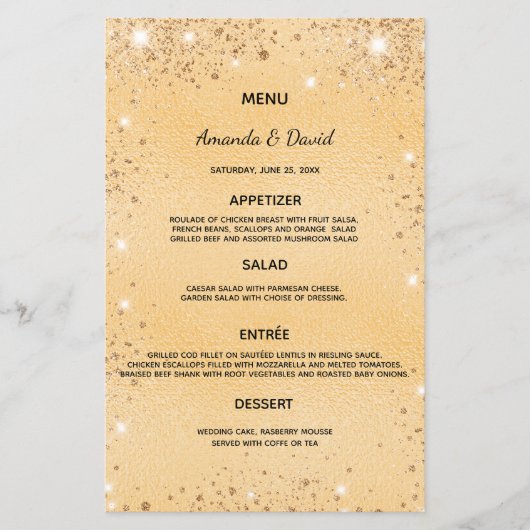 Hochzeitsmenü mit vergoldetem metallischem Glitzer (Vorderseite)