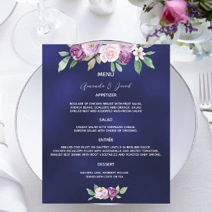 Hochzeitsmenü navyblau violette Blumenmuster