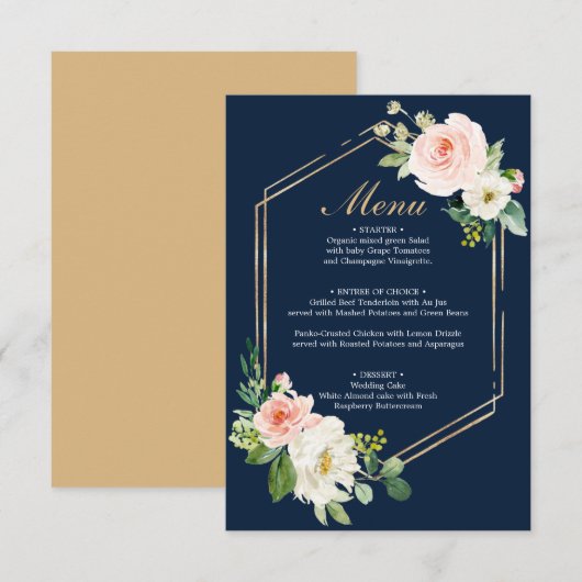 Hochzeitsmenü oder Brautparty für Navy Blue Gold B Einladung (Vorne/Hinten)