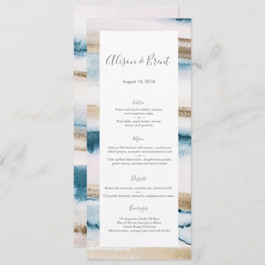 Hochzeitsmenü oder Programmkarte mit blauem Gold Menükarte (Vorne/Hinten)