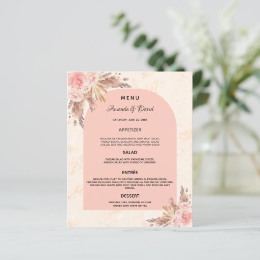 Hochzeitsmenü Pampas Gras Rose Gold Blumenmarmor (Stehend Vorderseite)