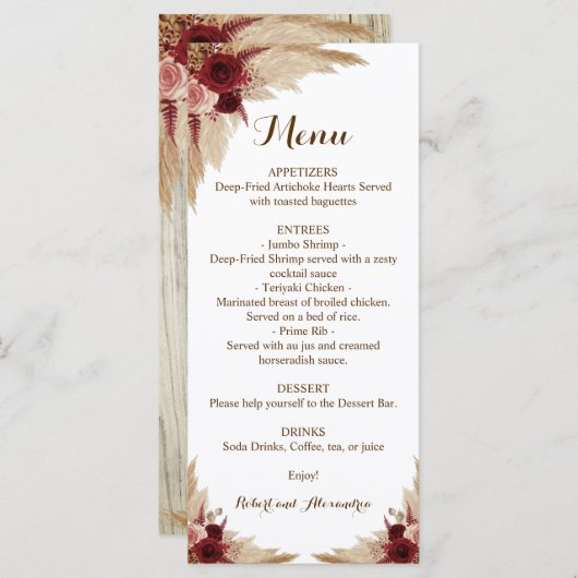 Hochzeitsmenü Pampas Grass Menükarte (Vorne/Hinten)