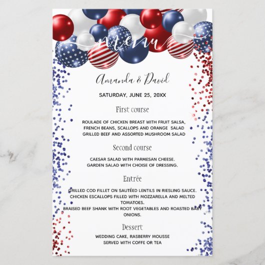 Hochzeitsmenü patriotische rote blaue Ballons (Vorderseite)