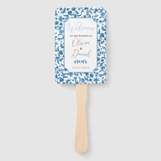 Hochzeitsmenü Programm Chintz Blue & White Floral Fächer (Vorderseite)