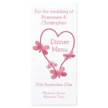 Hochzeitsmenü Rosa Herz und Schmetterlinge