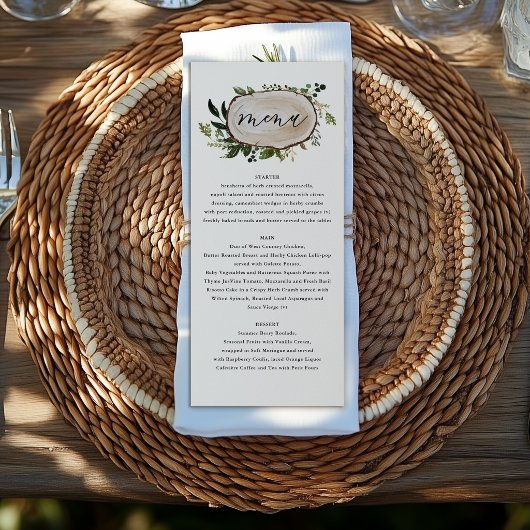 Hochzeitsmenü: rustikale Blumenzwiebeln und Holzli Menükarte