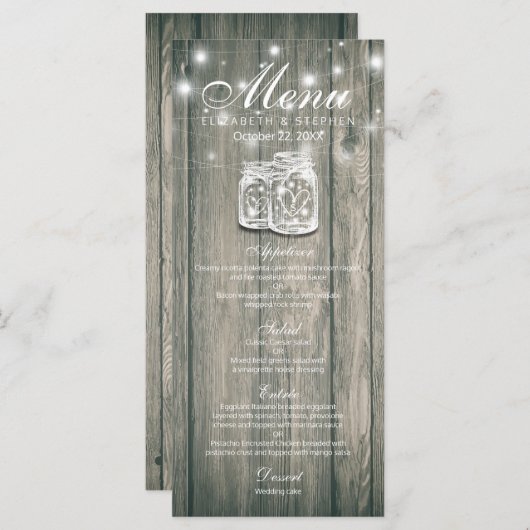 Hochzeitsmenü Rustikales Holz & Mason Jar String L Menükarte (Vorne/Hinten)