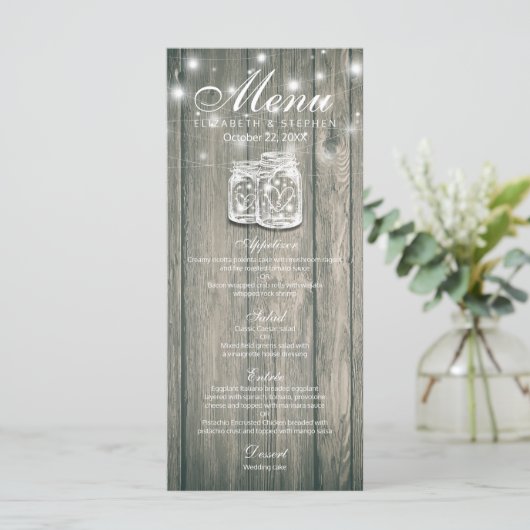Hochzeitsmenü Rustikales Holz & Mason Jar String L Menükarte (Stehend Vorderseite)