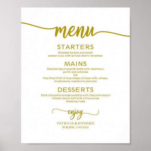 Hochzeitsmenü Signieren Rustikale Chic Gold Callig Poster (Vorne)