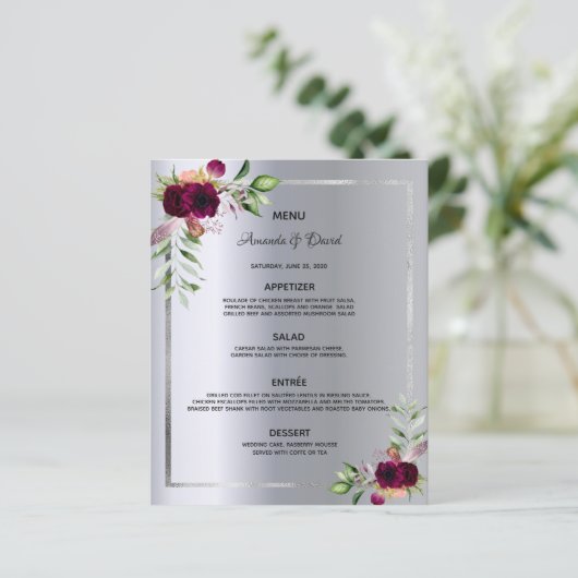 Hochzeitsmenü silber blumenburgund elegant (Stehend Vorderseite)