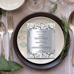 Hochzeitsmenü Silber Metallic Weiße Rosen Elegant