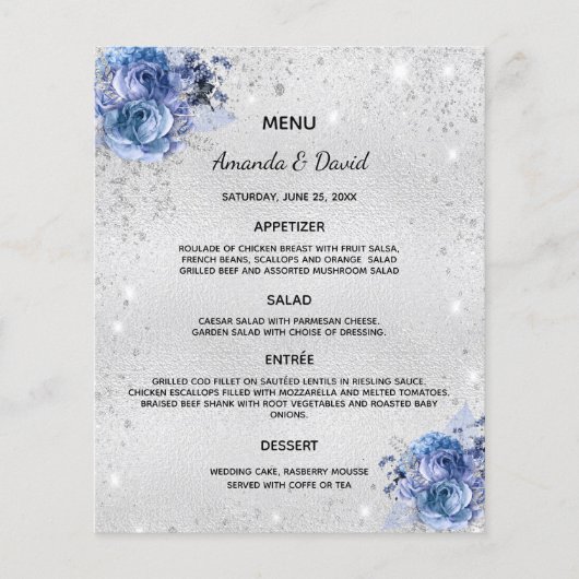 Hochzeitsmenü silberblaue Blumen elegant (Vorderseite)