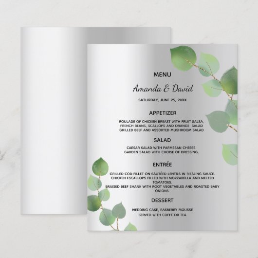 Hochzeitsmenü, silberne Eukalyptuspflanzen (Vorne/Hinten)