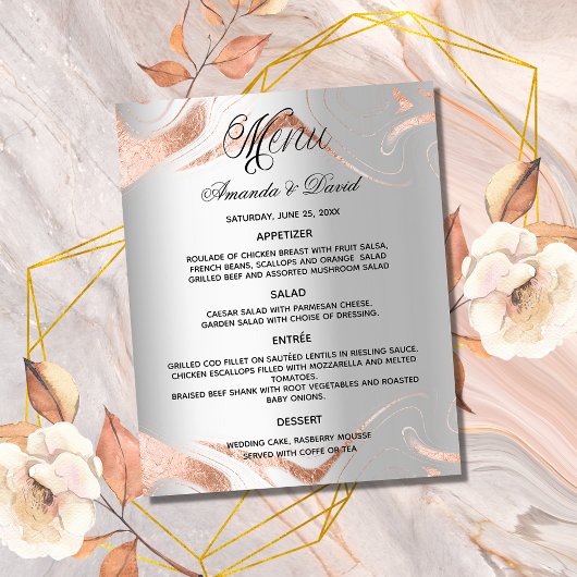 Hochzeitsmenü Silberne Rose Goldmarmor Budget Flyer