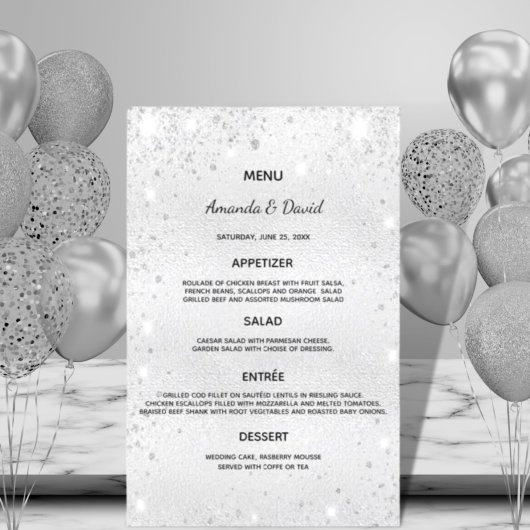 Hochzeitsmenü silberner metallischer Glitzer elega